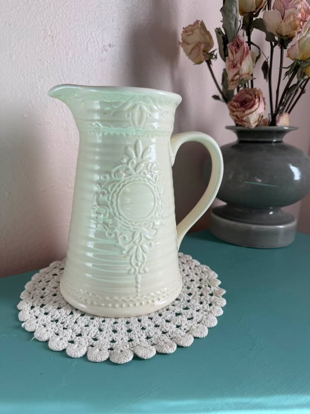 Dash of That Ivory Pitcher  Embossed Floral Medallion French Country Decor